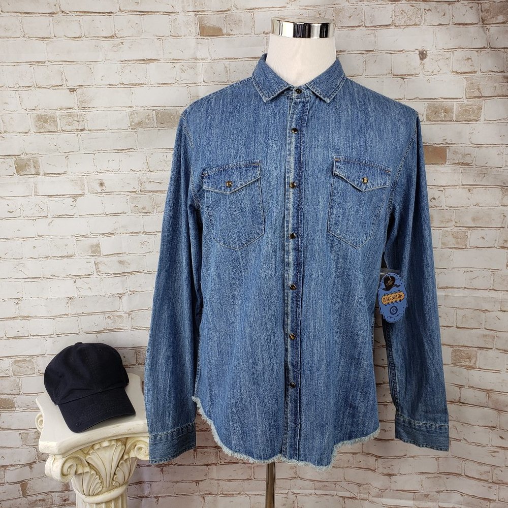 NWT Blake Shelton Mens Blue Denim Shirt Pearl Snap Western Guitar Pick Raw Hem